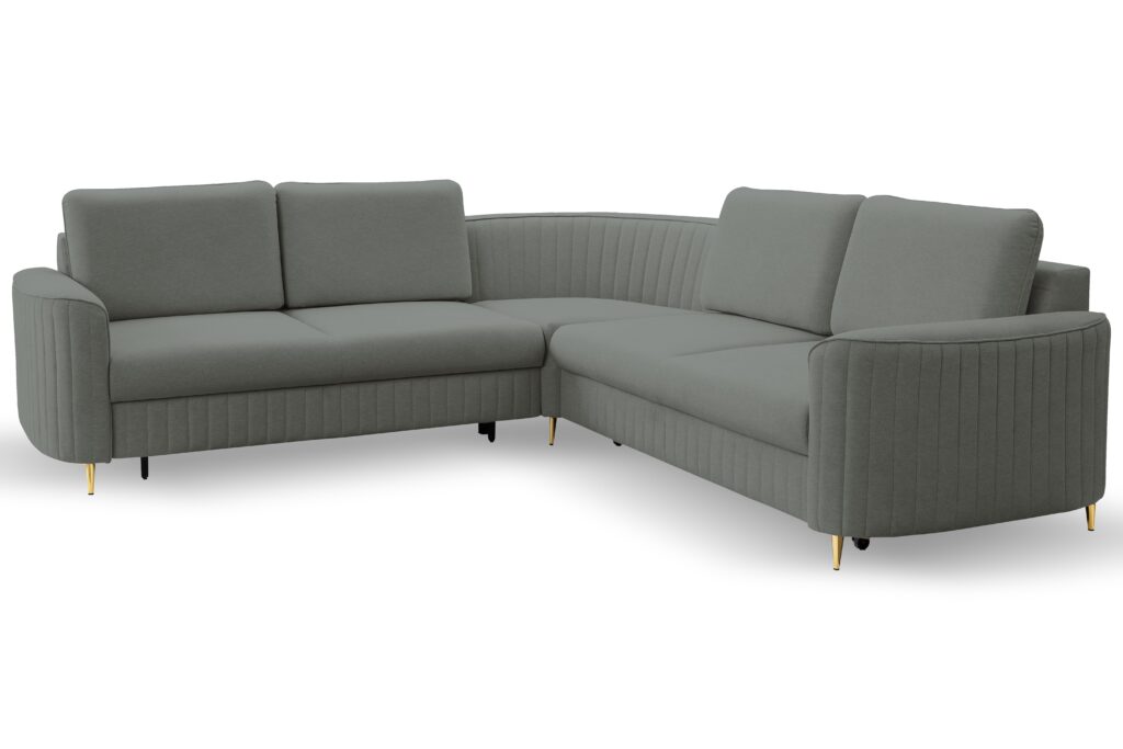 Narożnik LAREN nowoczesna sofa z funkcją spania, pojemnik na pościel, plastikowe nogi, lewa strona, CIEMNOSZARY, 251x251x85 cm