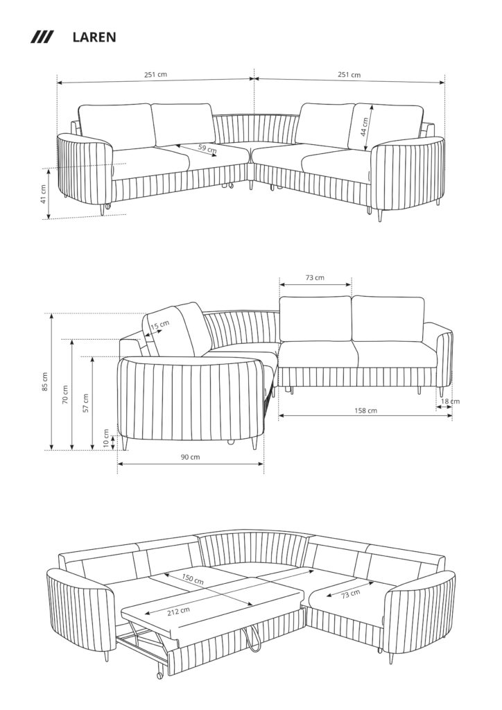 Narożnik LAREN nowoczesna sofa z funkcją spania, pojemnik na pościel, plastikowe nogi, lewa strona, CIEMNOSZARY, 251x251x85 cm