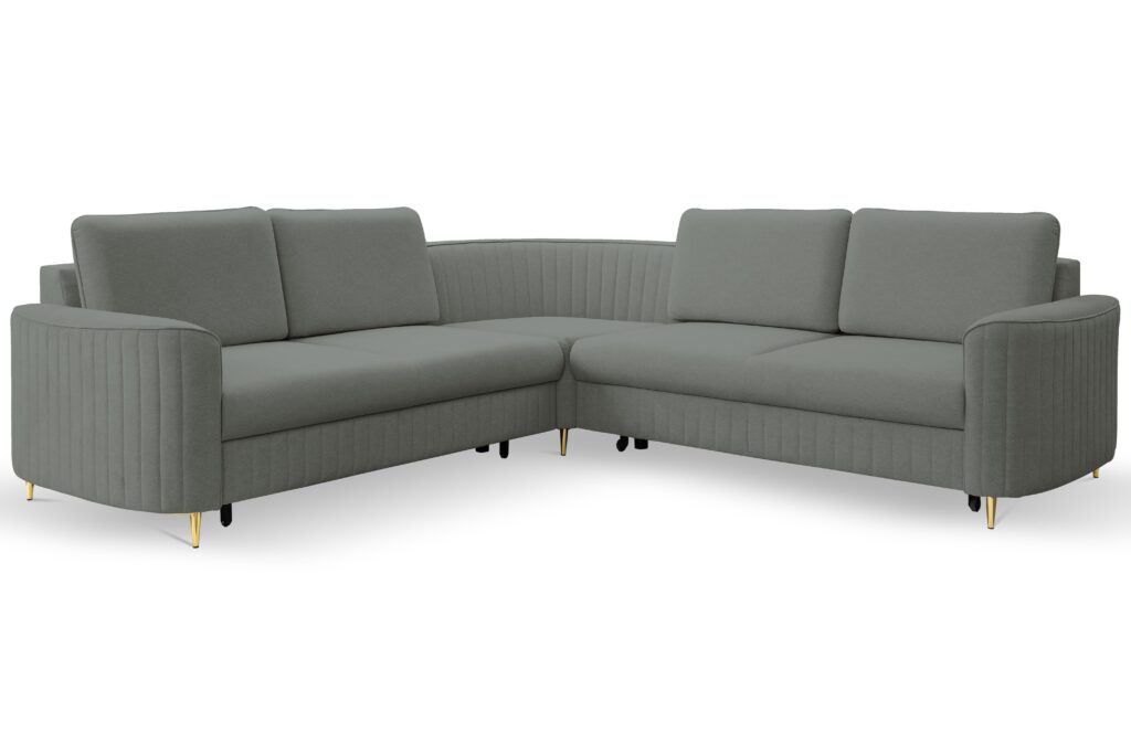 Narożnik LAREN nowoczesna sofa z funkcją spania, pojemnik na pościel, plastikowe nogi, lewa strona, CIEMNOSZARY, 251x251x85 cm