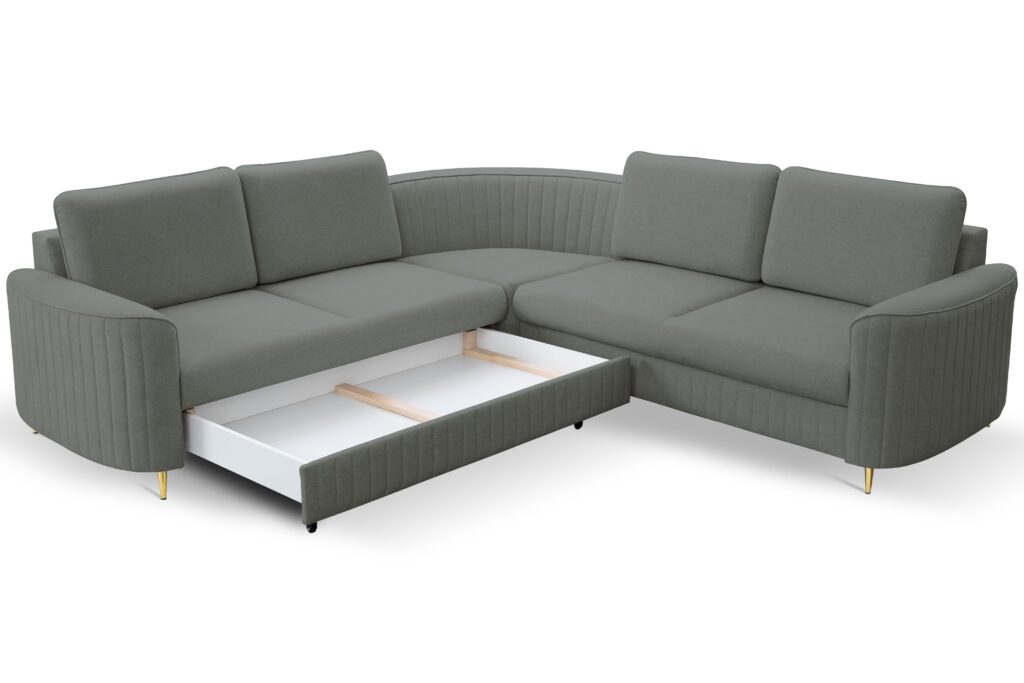 Narożnik LAREN nowoczesna sofa z funkcją spania, pojemnik na pościel, plastikowe nogi, lewa strona, CIEMNOSZARY, 251x251x85 cm