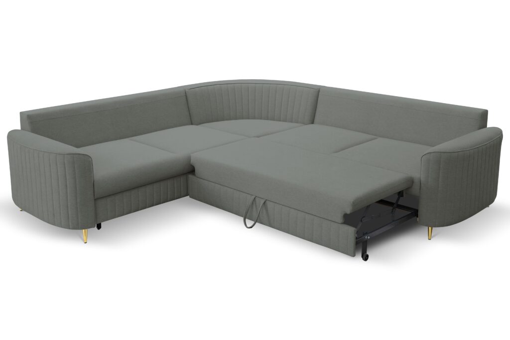 Narożnik LAREN nowoczesna sofa z funkcją spania, pojemnik na pościel, plastikowe nogi, lewa strona, CIEMNOSZARY, 251x251x85 cm
