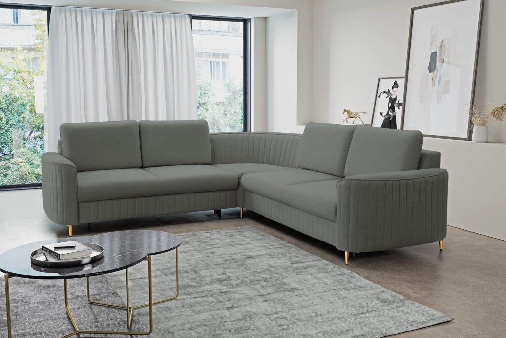 Narożnik LAREN nowoczesna sofa z funkcją spania, pojemnik na pościel, plastikowe nogi, lewa strona, CIEMNOSZARY, 251x251x85 cm