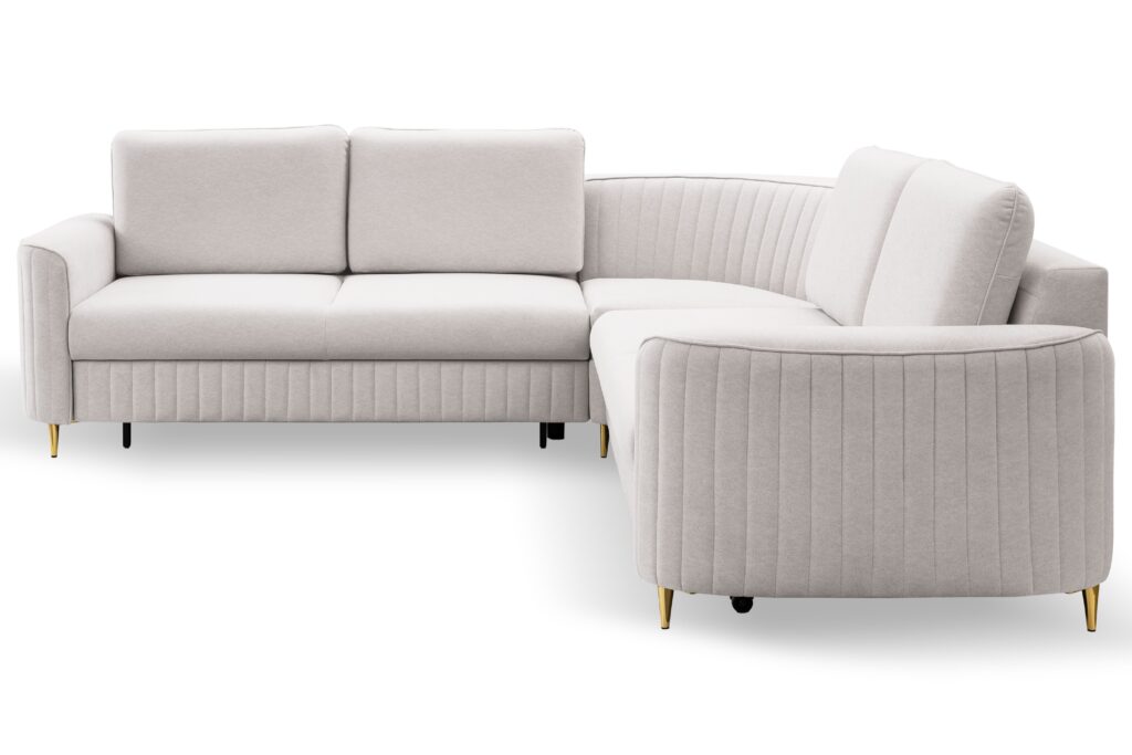 Narożnik LAREN nowoczesna sofa z funkcją spania, pojemnik na pościel, plastikowe nogi, lewa strona, ECRU, 251x251x85 cm