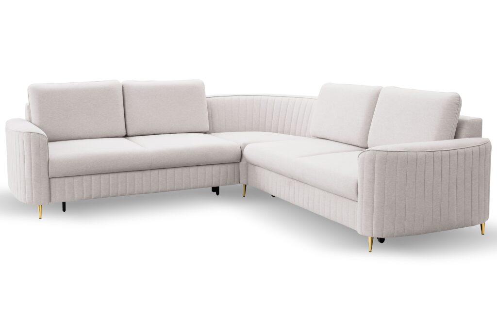 Narożnik LAREN nowoczesna sofa z funkcją spania, pojemnik na pościel, plastikowe nogi, lewa strona, ECRU, 251x251x85 cm