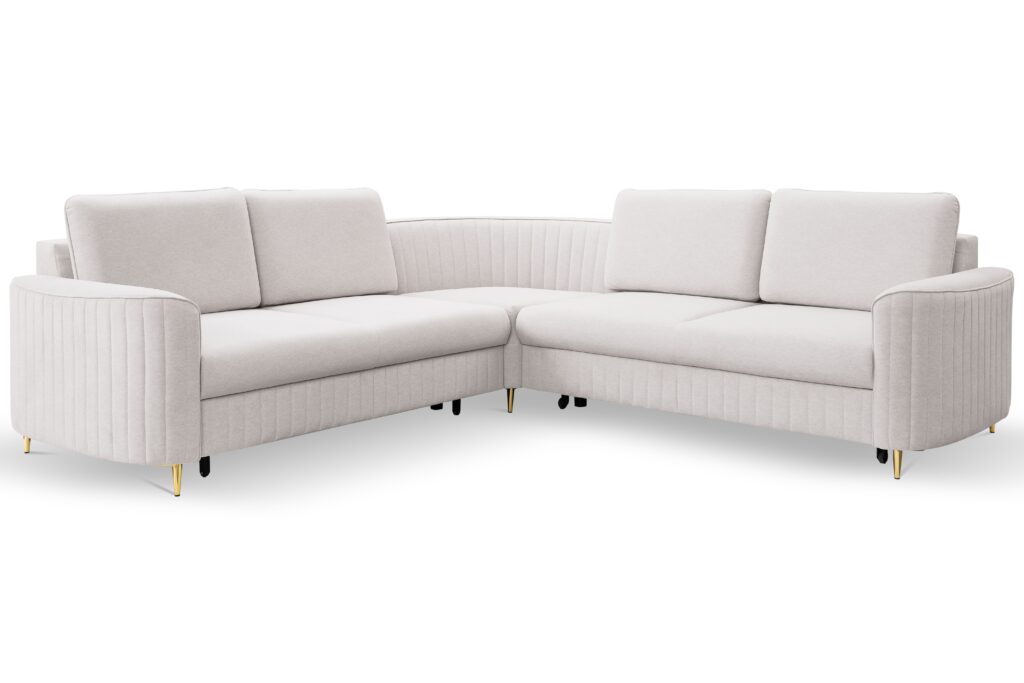 Narożnik LAREN nowoczesna sofa z funkcją spania, pojemnik na pościel, plastikowe nogi, lewa strona, ECRU, 251x251x85 cm