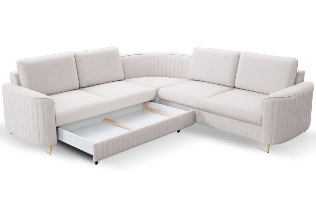 Narożnik LAREN nowoczesna sofa z funkcją spania, pojemnik na pościel, plastikowe nogi, lewa strona, ECRU, 251x251x85 cm