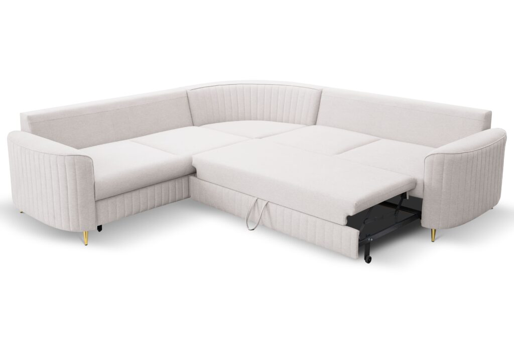 Narożnik LAREN nowoczesna sofa z funkcją spania, pojemnik na pościel, plastikowe nogi, lewa strona, ECRU, 251x251x85 cm