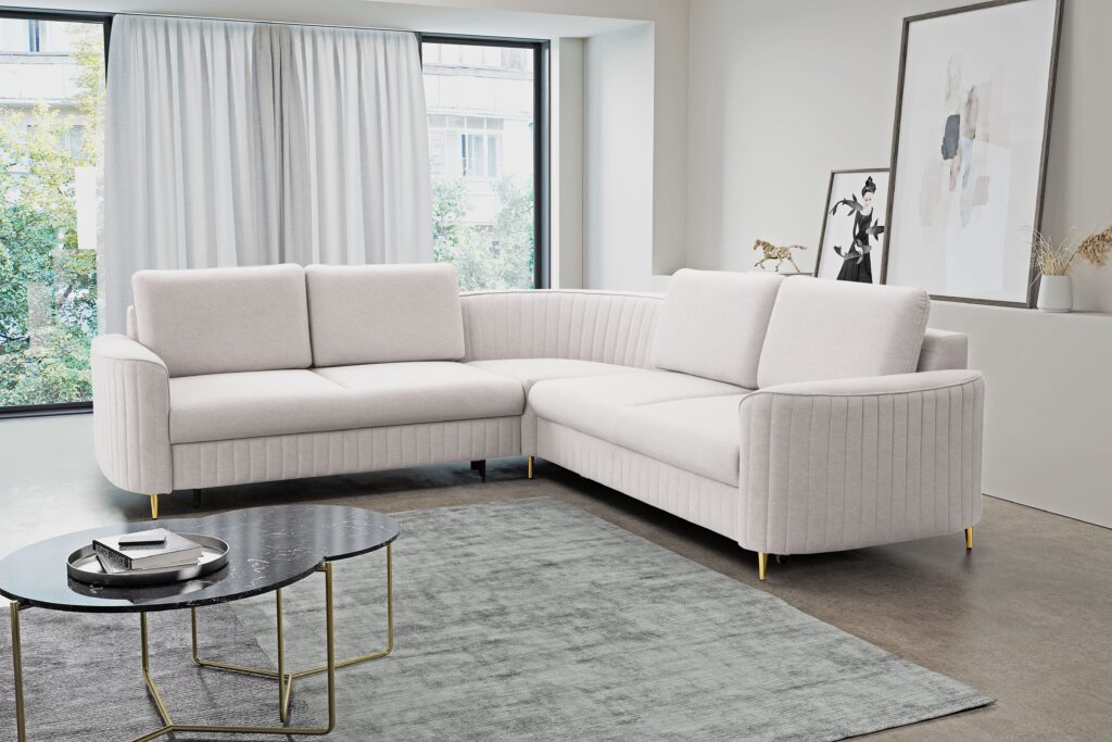 Narożnik LAREN nowoczesna sofa z funkcją spania, pojemnik na pościel, plastikowe nogi, lewa strona, ECRU, 251x251x85 cm
