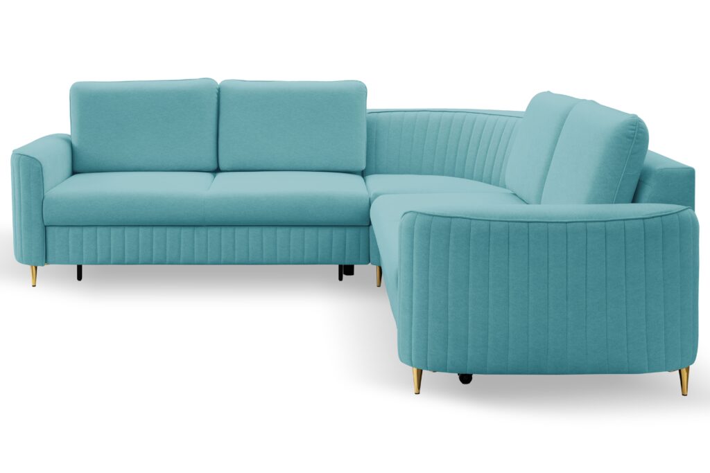 Narożnik LAREN nowoczesna sofa z funkcją spania, pojemnik na pościel, plastikowe nogi, lewa strona, TURKUSOWY, 251x251x85 cm