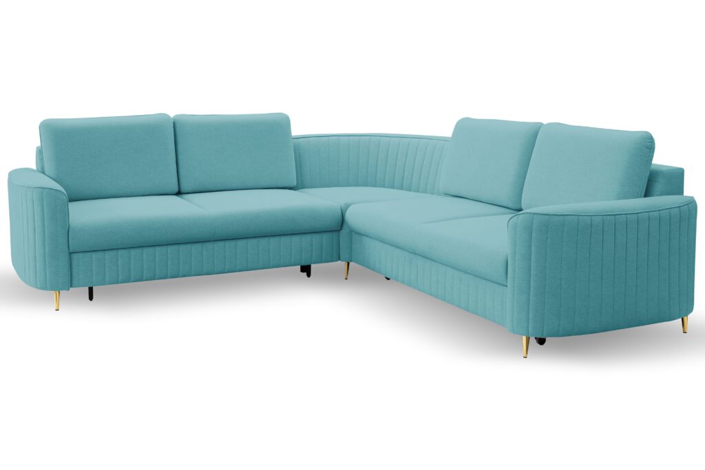 Narożnik LAREN nowoczesna sofa z funkcją spania, pojemnik na pościel, plastikowe nogi, lewa strona, TURKUSOWY, 251x251x85 cm
