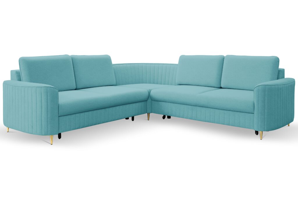 Narożnik LAREN nowoczesna sofa z funkcją spania, pojemnik na pościel, plastikowe nogi, lewa strona, TURKUSOWY, 251x251x85 cm