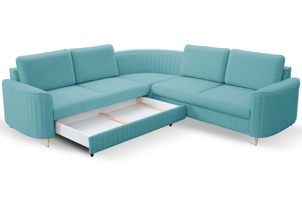 Narożnik LAREN nowoczesna sofa z funkcją spania, pojemnik na pościel, plastikowe nogi, lewa strona, TURKUSOWY, 251x251x85 cm