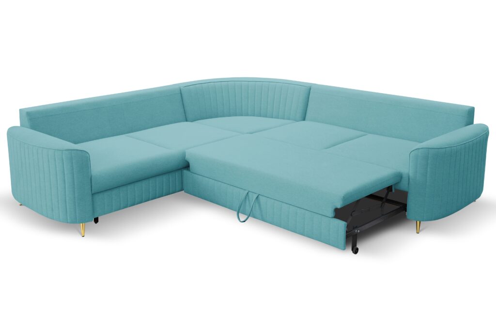 Narożnik LAREN nowoczesna sofa z funkcją spania, pojemnik na pościel, plastikowe nogi, lewa strona, TURKUSOWY, 251x251x85 cm