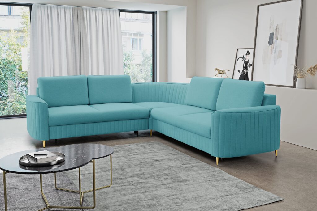 Narożnik LAREN nowoczesna sofa z funkcją spania, pojemnik na pościel, plastikowe nogi, lewa strona, TURKUSOWY, 251x251x85 cm