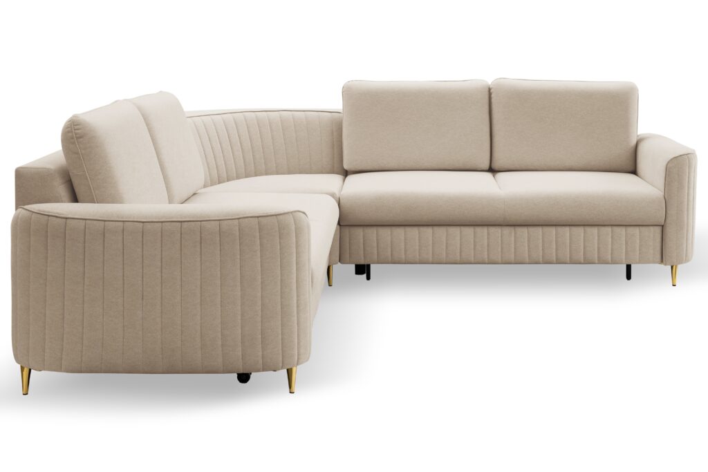 Narożnik LAREN nowoczesna sofa z funkcją spania, pojemnik na pościel, plastikowe nogi, prawa strona, BEŻOWY, 251x251x85 cm