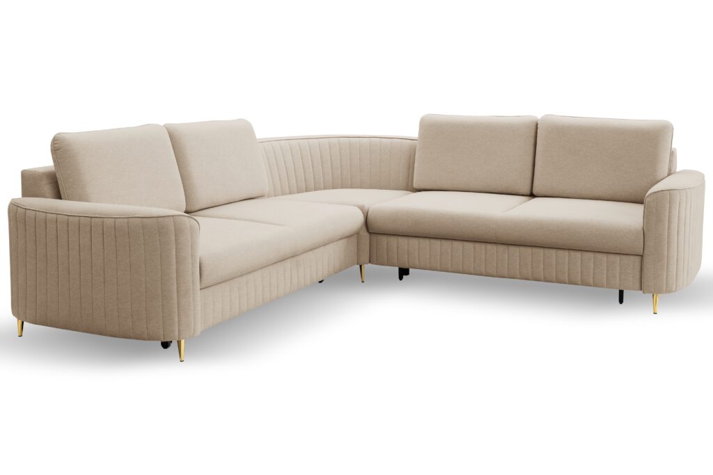 Narożnik LAREN nowoczesna sofa z funkcją spania, pojemnik na pościel, plastikowe nogi, prawa strona, BEŻOWY, 251x251x85 cm