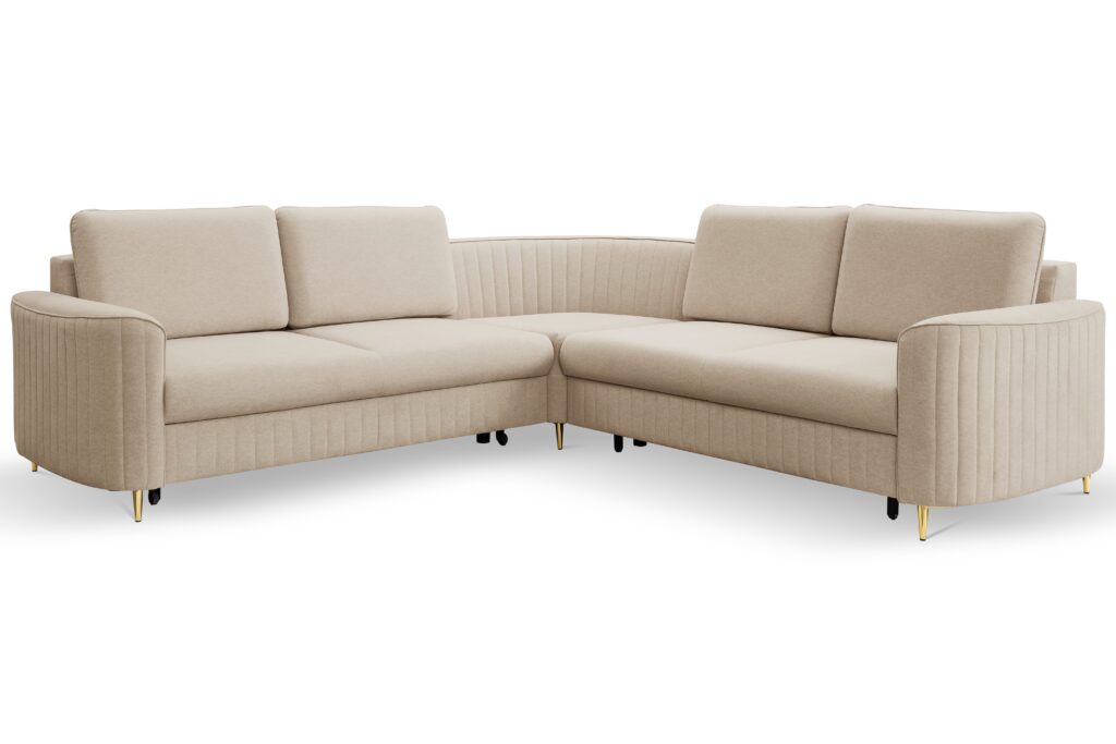 Narożnik LAREN nowoczesna sofa z funkcją spania, pojemnik na pościel, plastikowe nogi, prawa strona, BEŻOWY, 251x251x85 cm