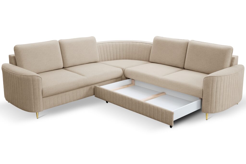 Narożnik LAREN nowoczesna sofa z funkcją spania, pojemnik na pościel, plastikowe nogi, prawa strona, BEŻOWY, 251x251x85 cm