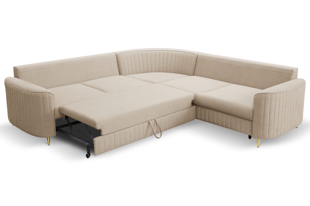 Narożnik LAREN nowoczesna sofa z funkcją spania, pojemnik na pościel, plastikowe nogi, prawa strona, BEŻOWY, 251x251x85 cm