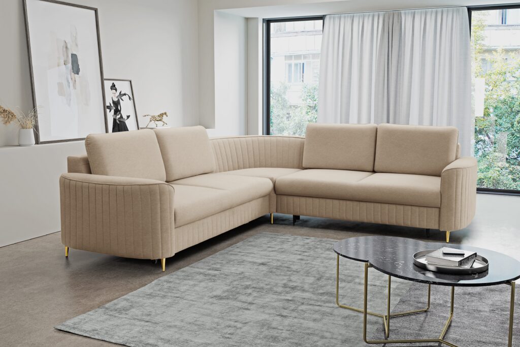 Narożnik LAREN nowoczesna sofa z funkcją spania, pojemnik na pościel, plastikowe nogi, prawa strona, BEŻOWY, 251x251x85 cm
