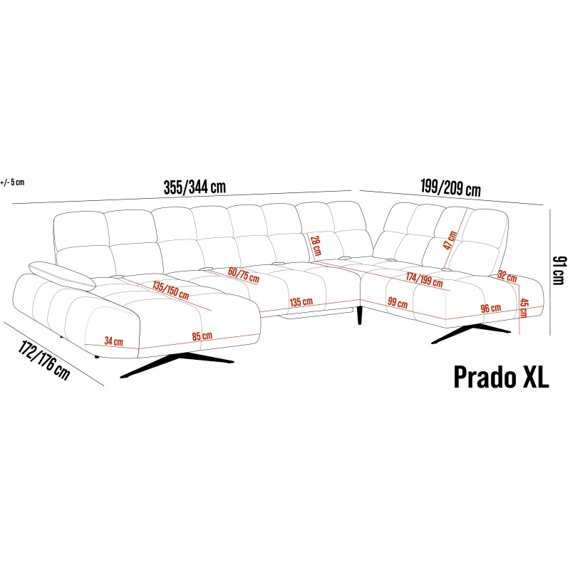 Narożnik PRADO XL Prawostronny regulowane siedzisko i podłokietnik