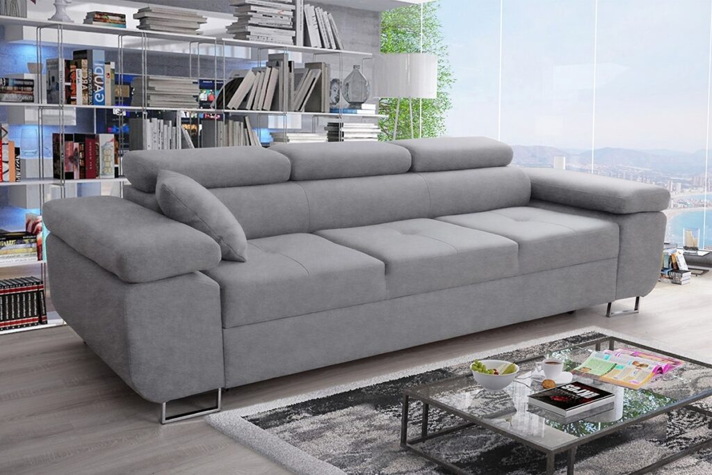 Sofa z funkcją spania Annabelle II z regulowanymi podłokietnikami - szary welwet łatwoczyszczący Zetta 302 / nogi chromowane