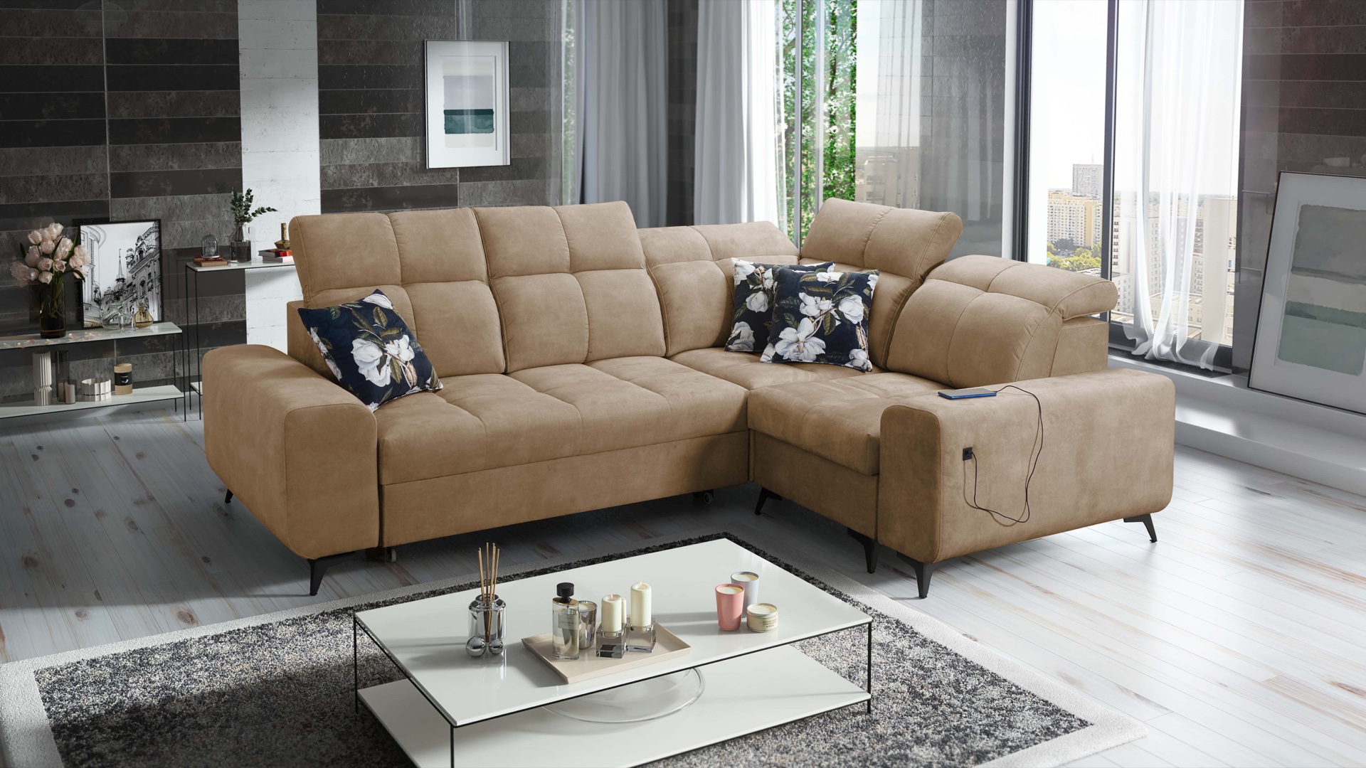 Narożnik Ascot II z funkcją spania, portem usb i regulowane zagłówki tkanina Wave 4