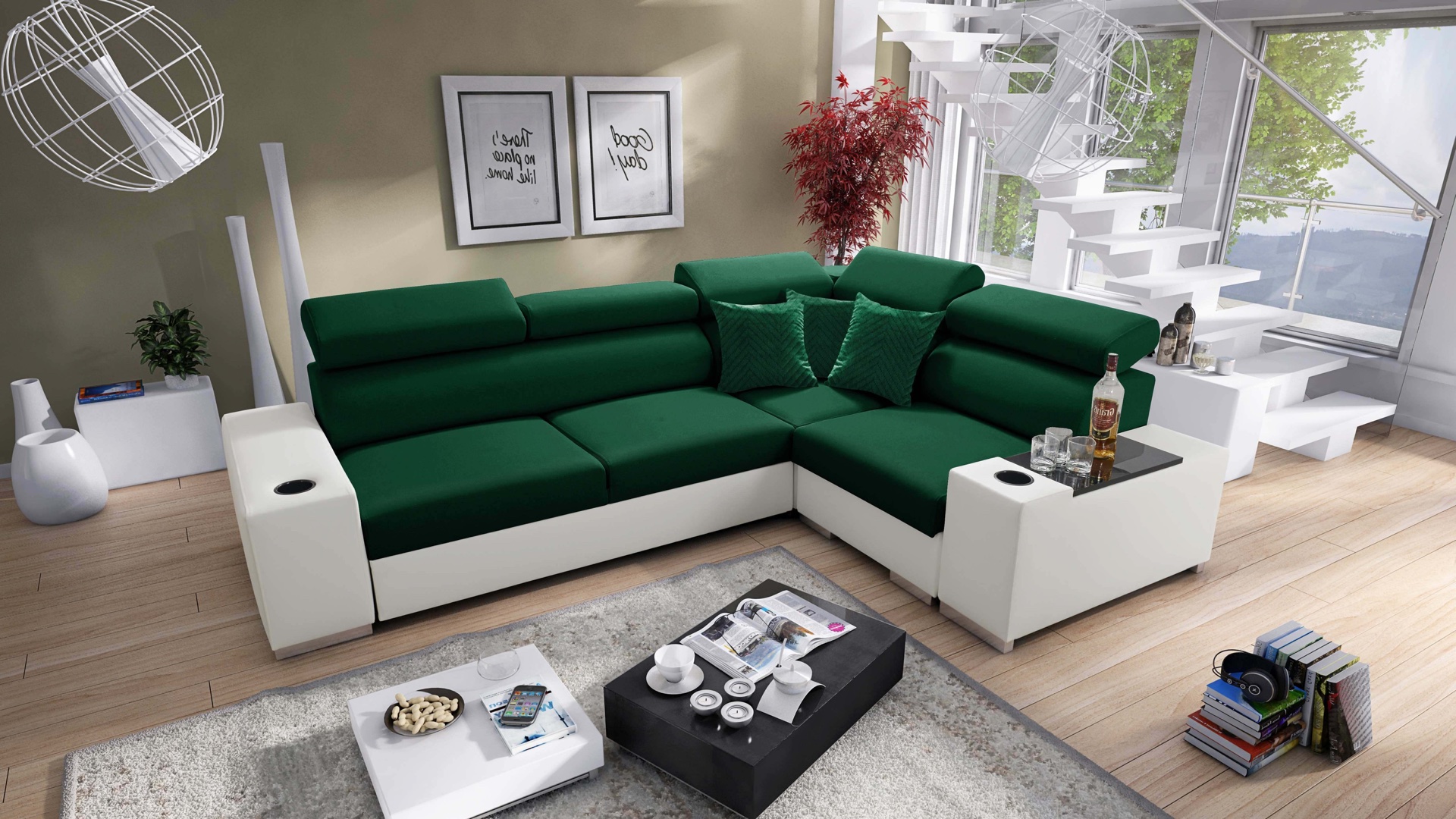 Narożnik Napoli II z funkcją spania oraz otwieranym barkiem Tkanina Amor Velvet 4311 + Ecoskóra