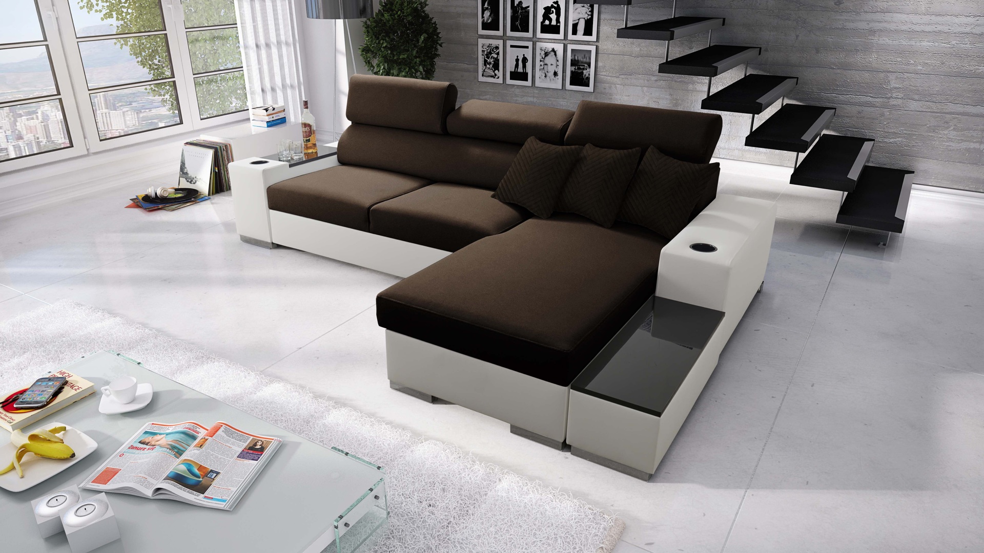 Narożnik Napoli I mini z funkcją spania oraz otwieranym barkiem Tkanina Amor Velvet 4301 + Ecoskóra