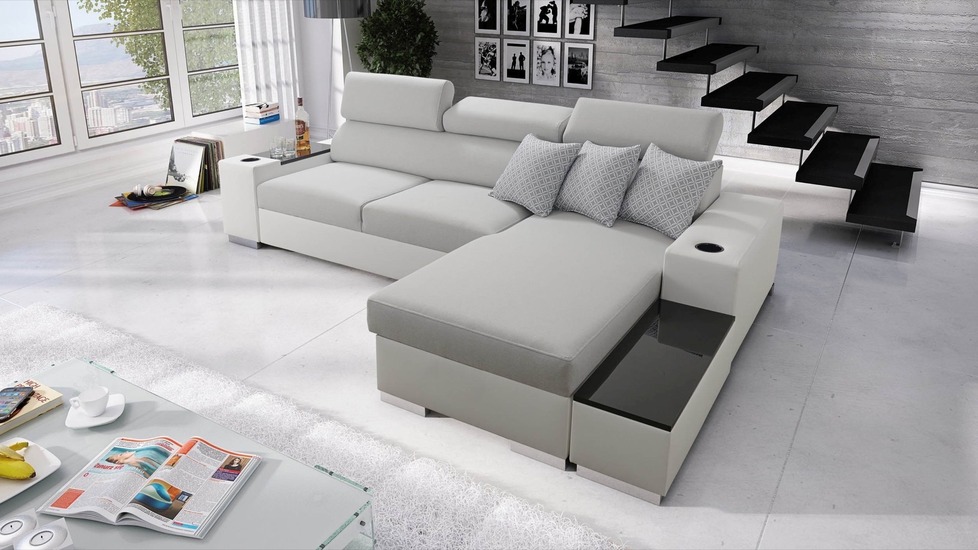 Narożnik Napoli I mini z funkcją spania oraz otwieranym barkiem Tkanina Amor Velvet 4301 + Ecoskóra