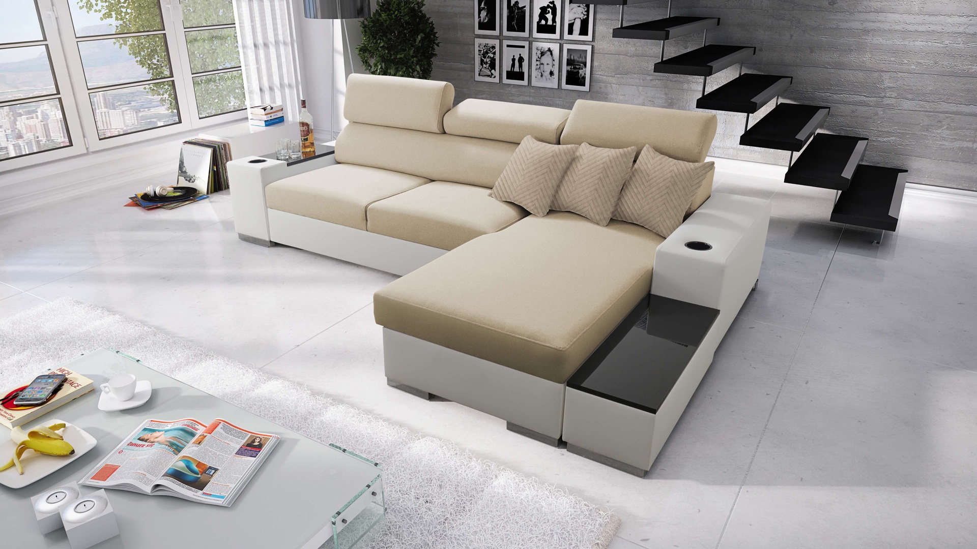 Narożnik Napoli I mini z funkcją spania oraz otwieranym barkiem Tkanina Amor Velvet 4304 + Ecoskóra