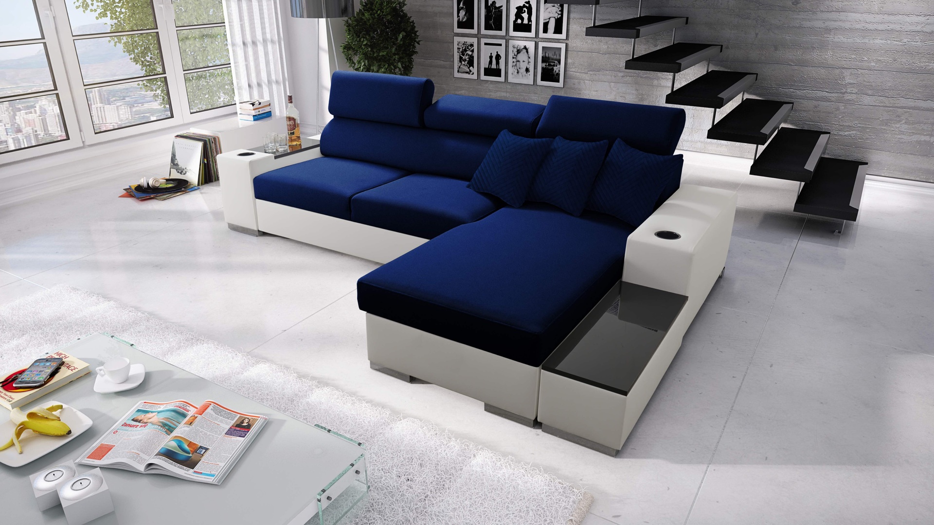 Narożnik Napoli I mini z funkcją spania oraz otwieranym barkiem Tkanina Amor Velvet 4314 + Ecoskóra