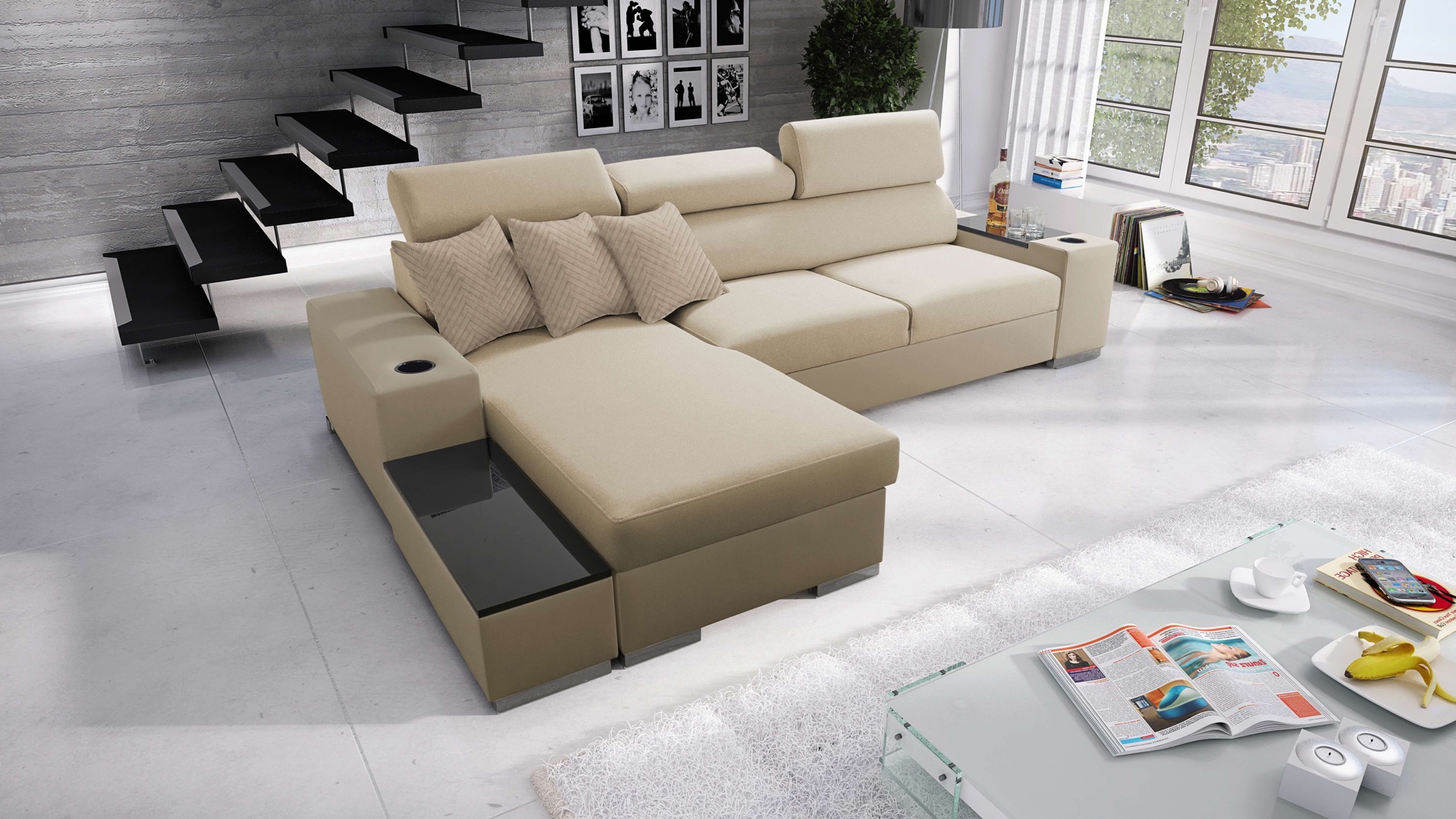 Narożnik Napoli I mini z funkcją spania oraz otwieranym barkiem Tkanina Amor Velvet 4304