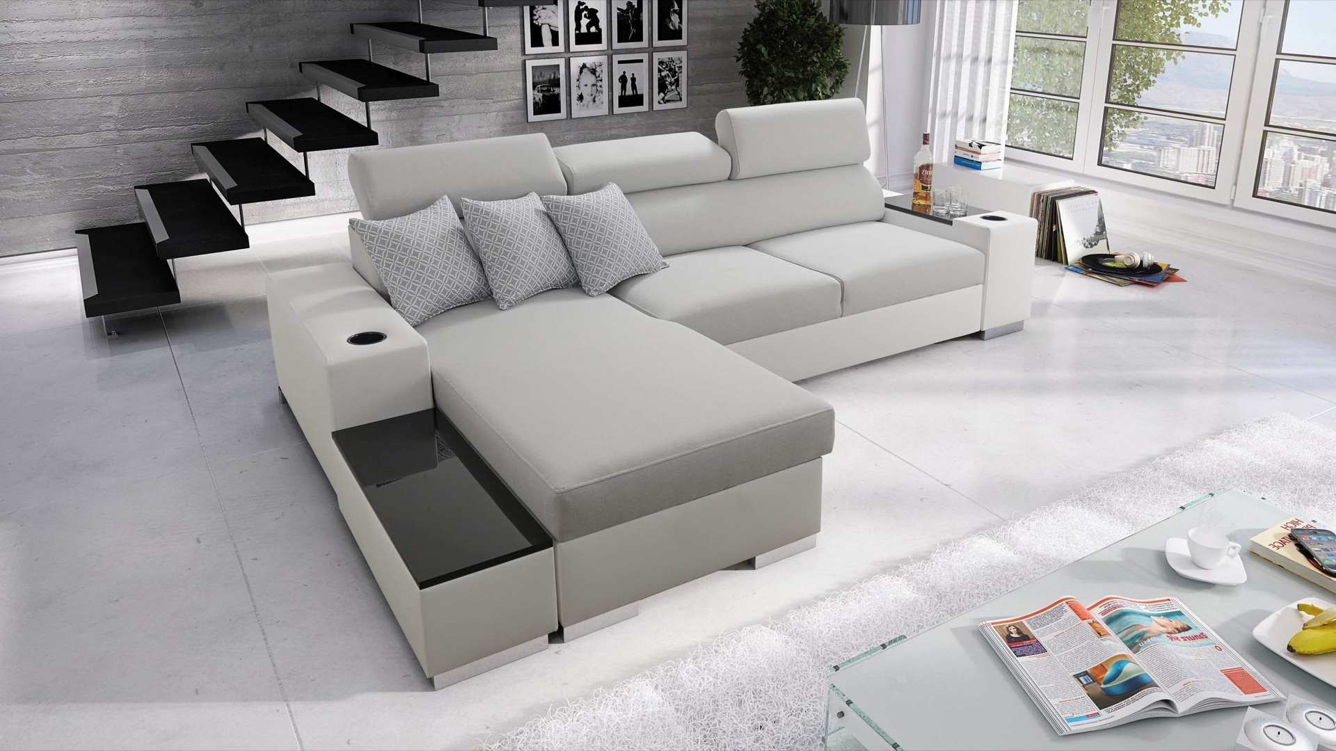 Narożnik Napoli I maxi z funkcją spania oraz otwieranym barkiem Tkanina Luxo 6601 + Ecoskóra