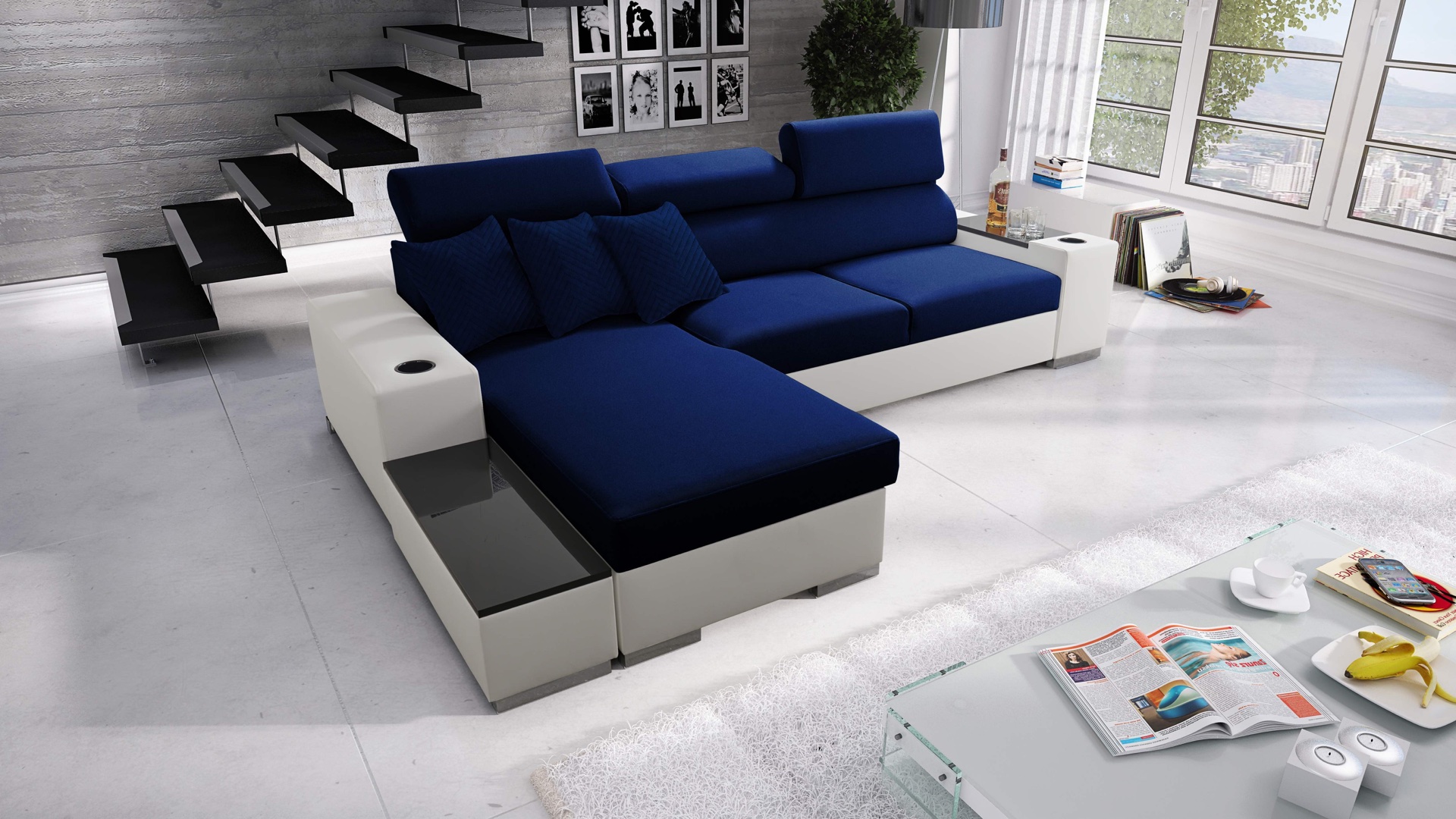 Narożnik Napoli I maxi z funkcją spania oraz otwieranym barkiem Tkanina Amor Velvet 4314 + Ecoskóra