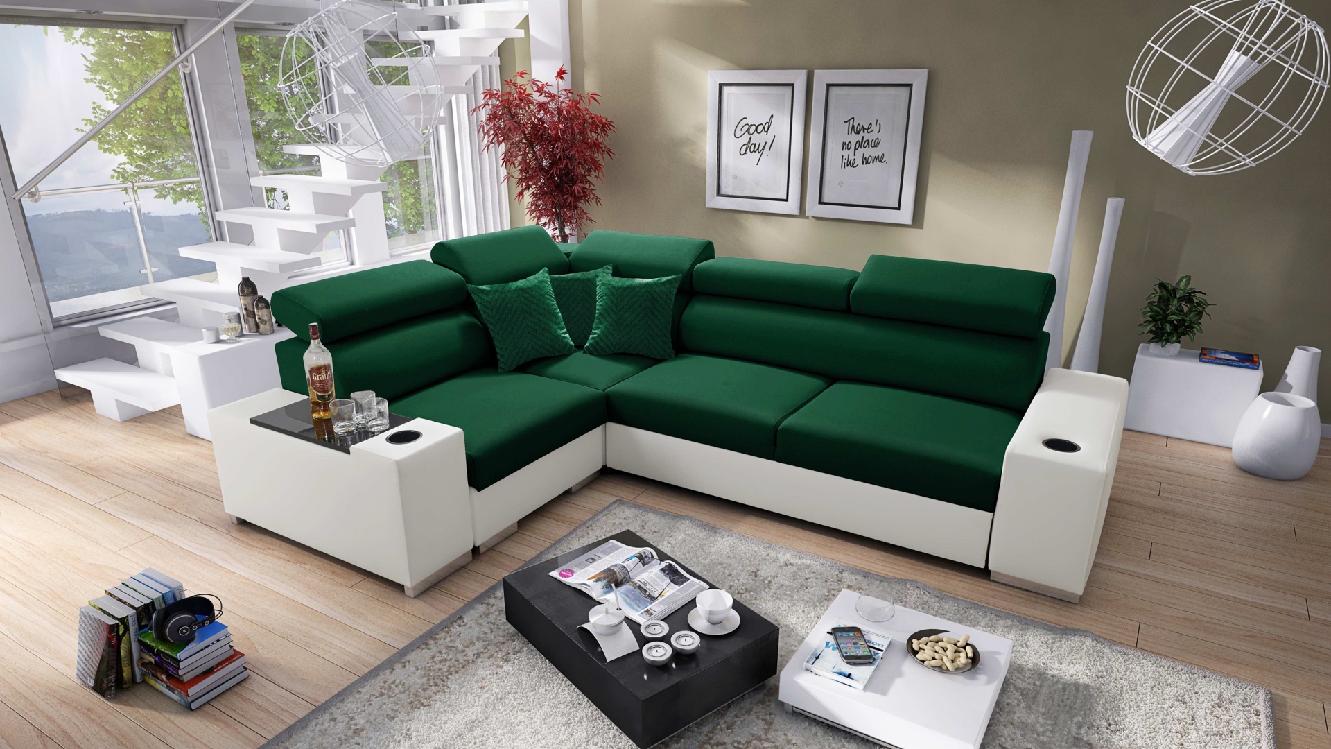 Narożnik Napoli II z funkcją spania oraz otwieranym barkiem Tkanina Amor Velvet 4311 + Ecoskóra