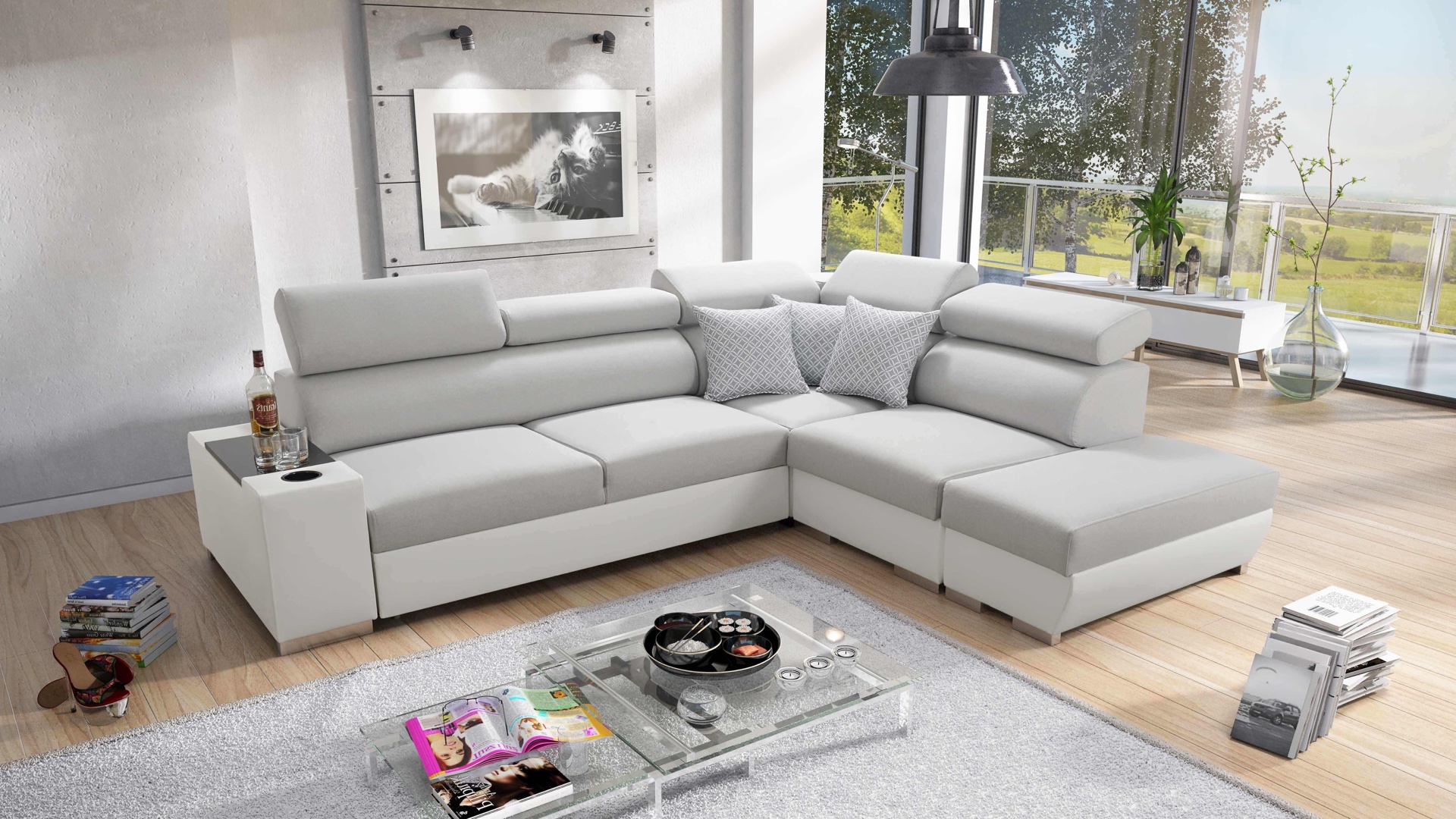 Narożnik Napoli III z funkcją spania oraz otwieranym barkiem Tkanina Luxo 6601 + Ecoskóra