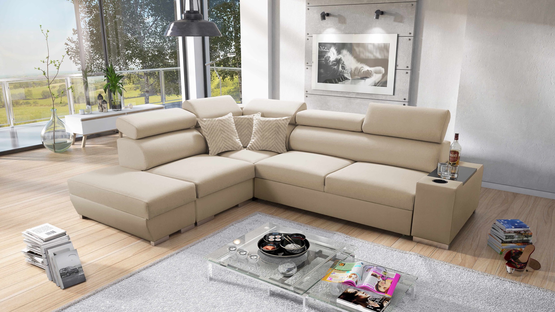 Narożnik Napoli III z funkcją spania oraz otwieranym barkiem Tkanina Amor Velvet 4304