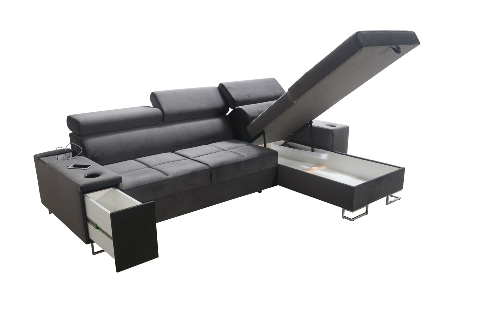 Narożnik Orbix I mini z funkcją spania, regulowane zagłówki,port usb oraz pojemnik na pościel tkanina Ultario Velvet 2979