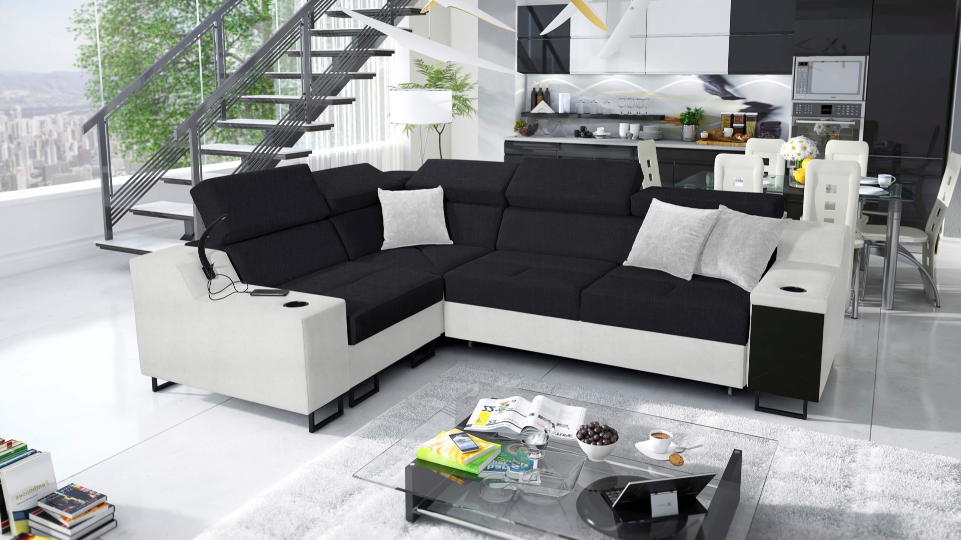 Narożnik Avanti II z funkcją spania oraz lampką z portem usb tkanina Sawana 14 + Ecoskóra