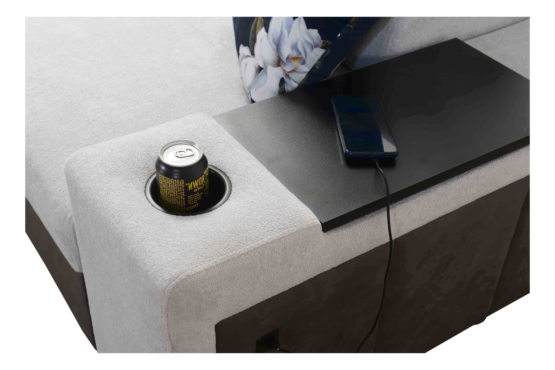 Narożnik w kształcie U Prestige IV mini z funkcją spania i portem usb tkanina Freya 210.11 + Tauro 8207