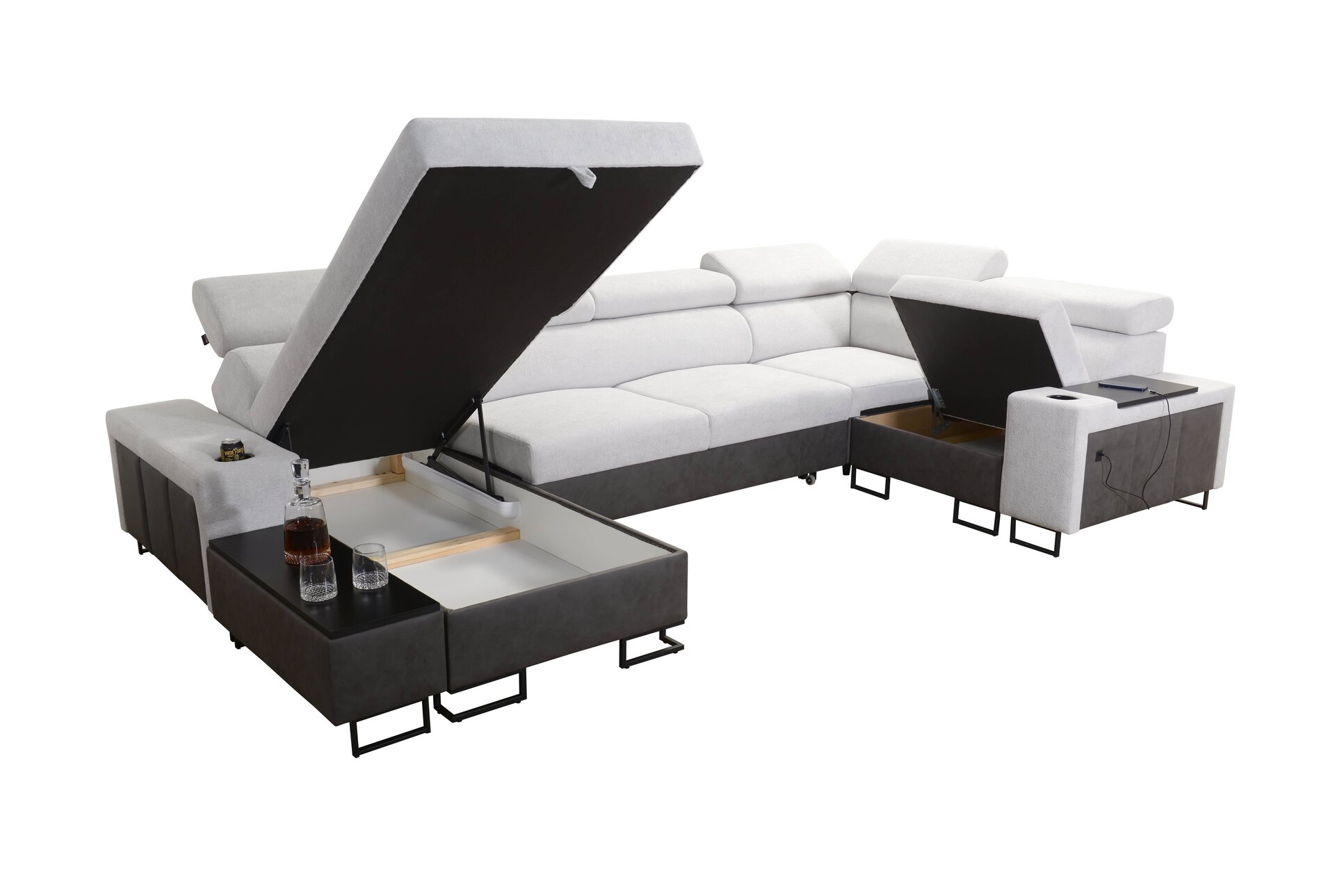 Narożnik w kształcie U Prestige IV mini z funkcją spania i portem usb tkanina Freya 210.11 + Tauro 8207