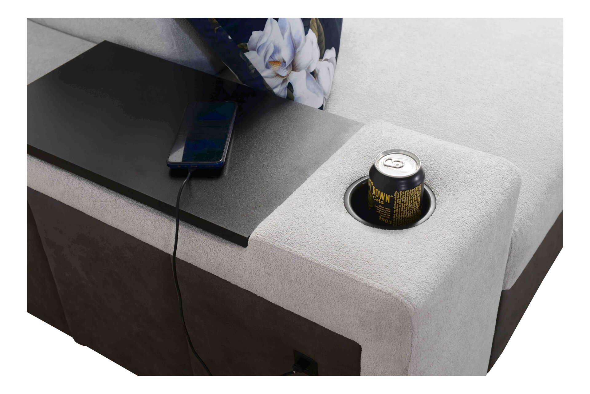 Narożnik w kształcie U Prestige VI z funkcją spania i portem usb tkanina Freya 210.11 + Tauro 8207
