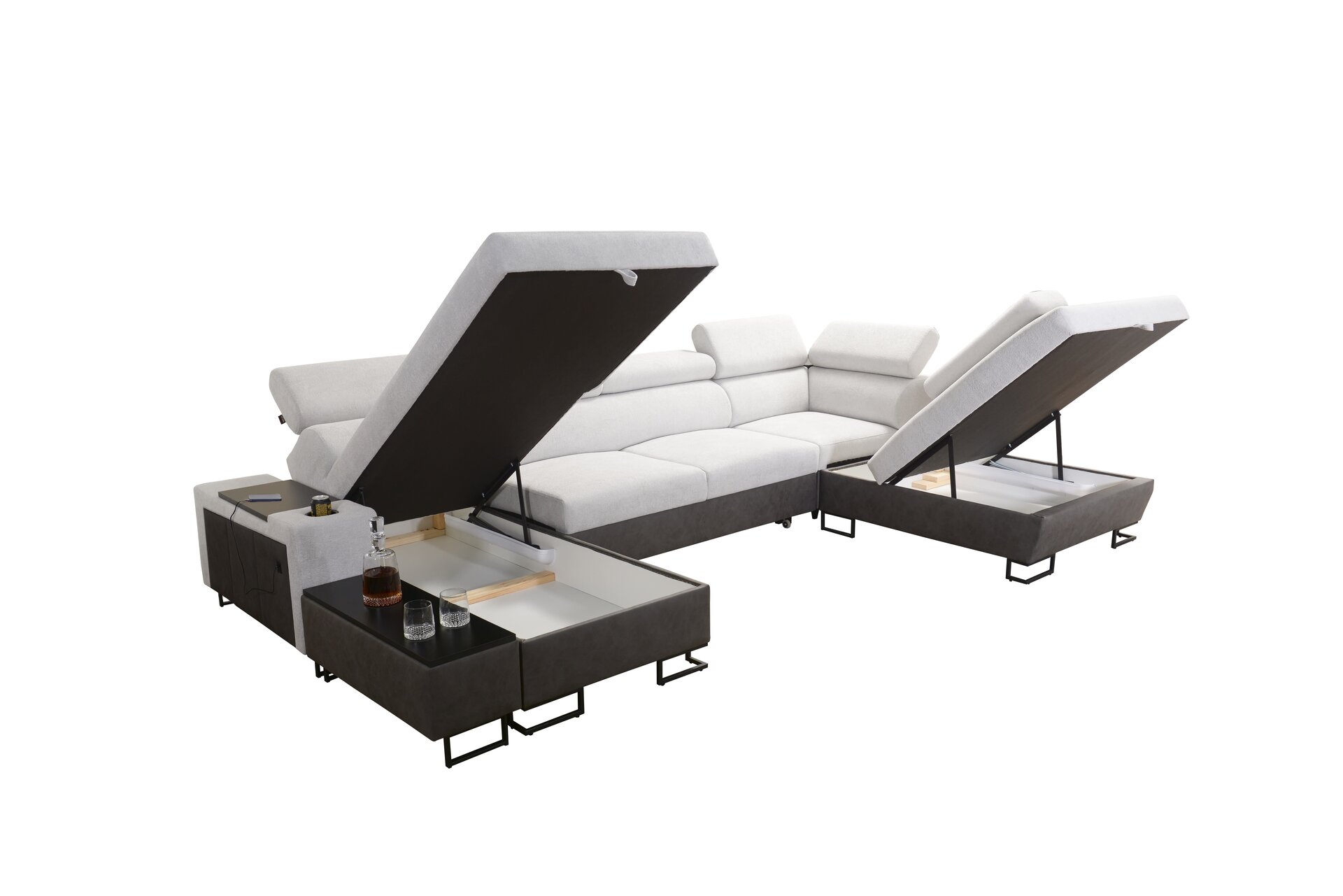 Narożnik w kształcie U Prestige VI z funkcją spania i portem usb tkanina Freya 210.11 + Tauro 8207