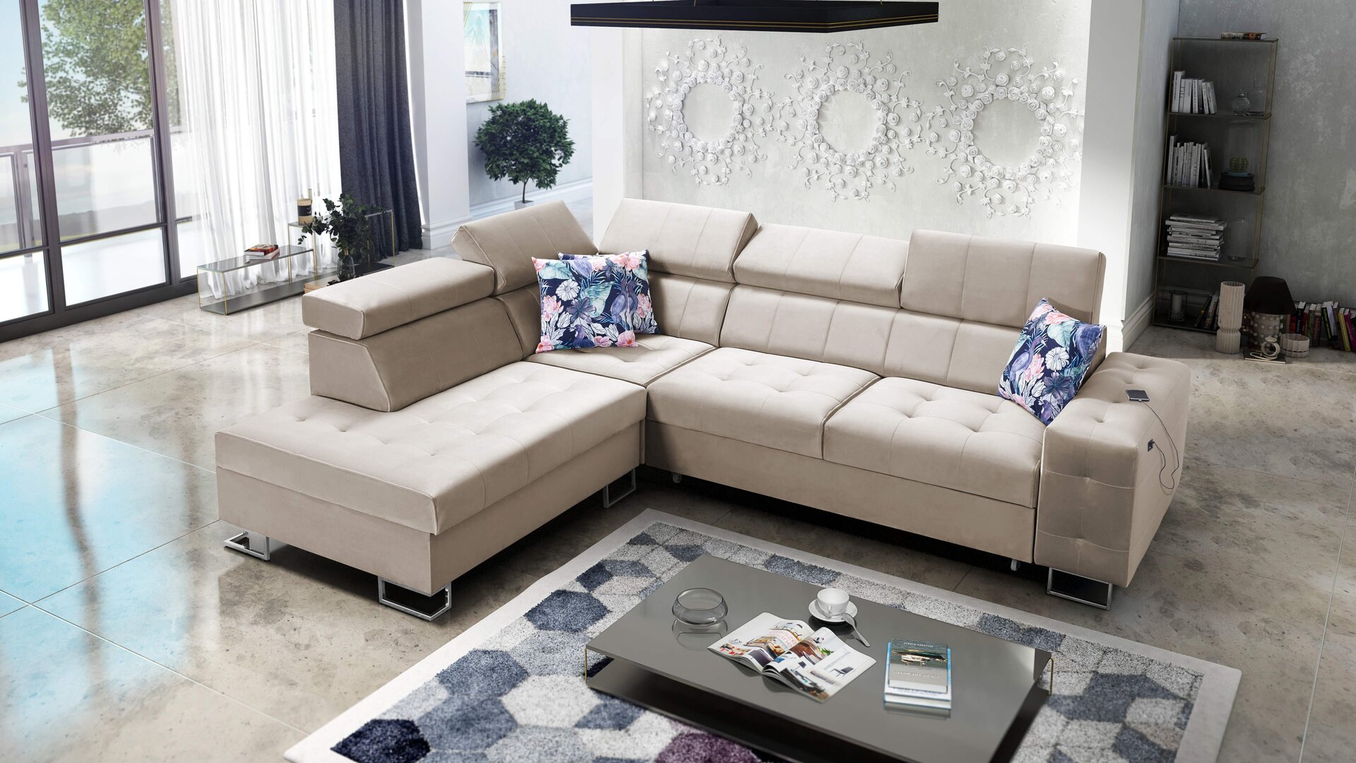 Narożnik Fusion VII pikowane siedzisko, funkcja spania oraz regulowane siedzisko tkanina Magic Velvet 2282