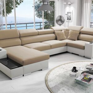 Narożnik w kształcie U Napoli IV Maxi z funkcją spania oraz otwieranym barkiem Tkanina Amor Velvet 4302 + Ecoskóra
