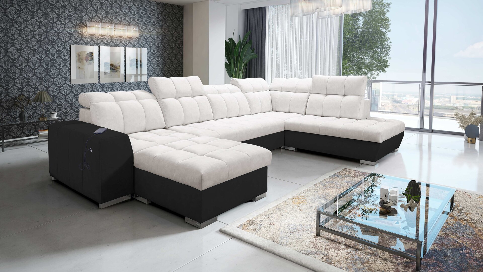 Narożnik w kształcie U Prisma VI z funkcją spania, portem usb oraz pojemnikiem na pościel tkanina Terra 06 + Ecoskóra czarna