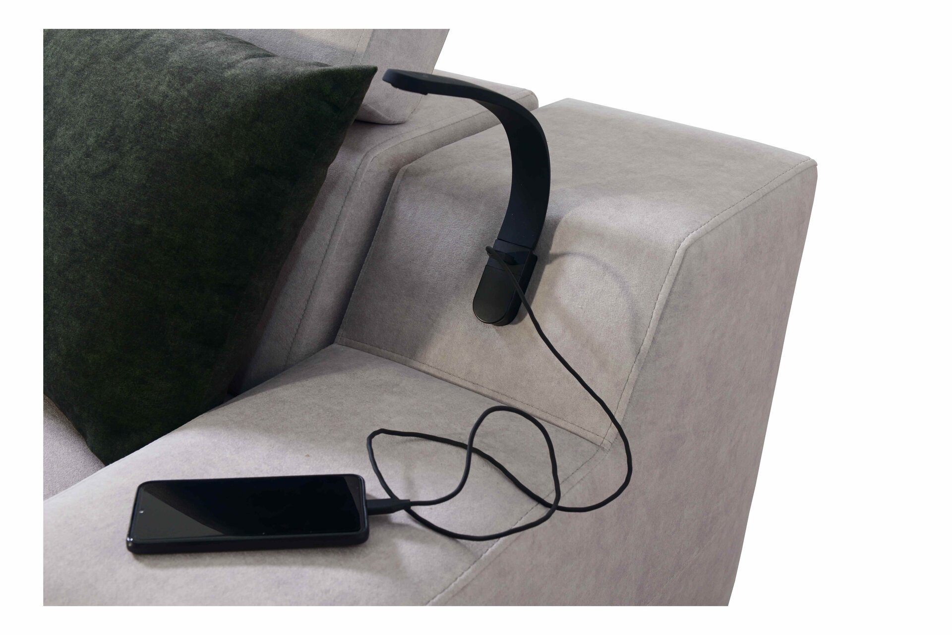 Narożnik w kształcie U Avanti V z funkcją spania oraz lampką z portem usb tkanina Whisper 5 + Ecoskóra czarna