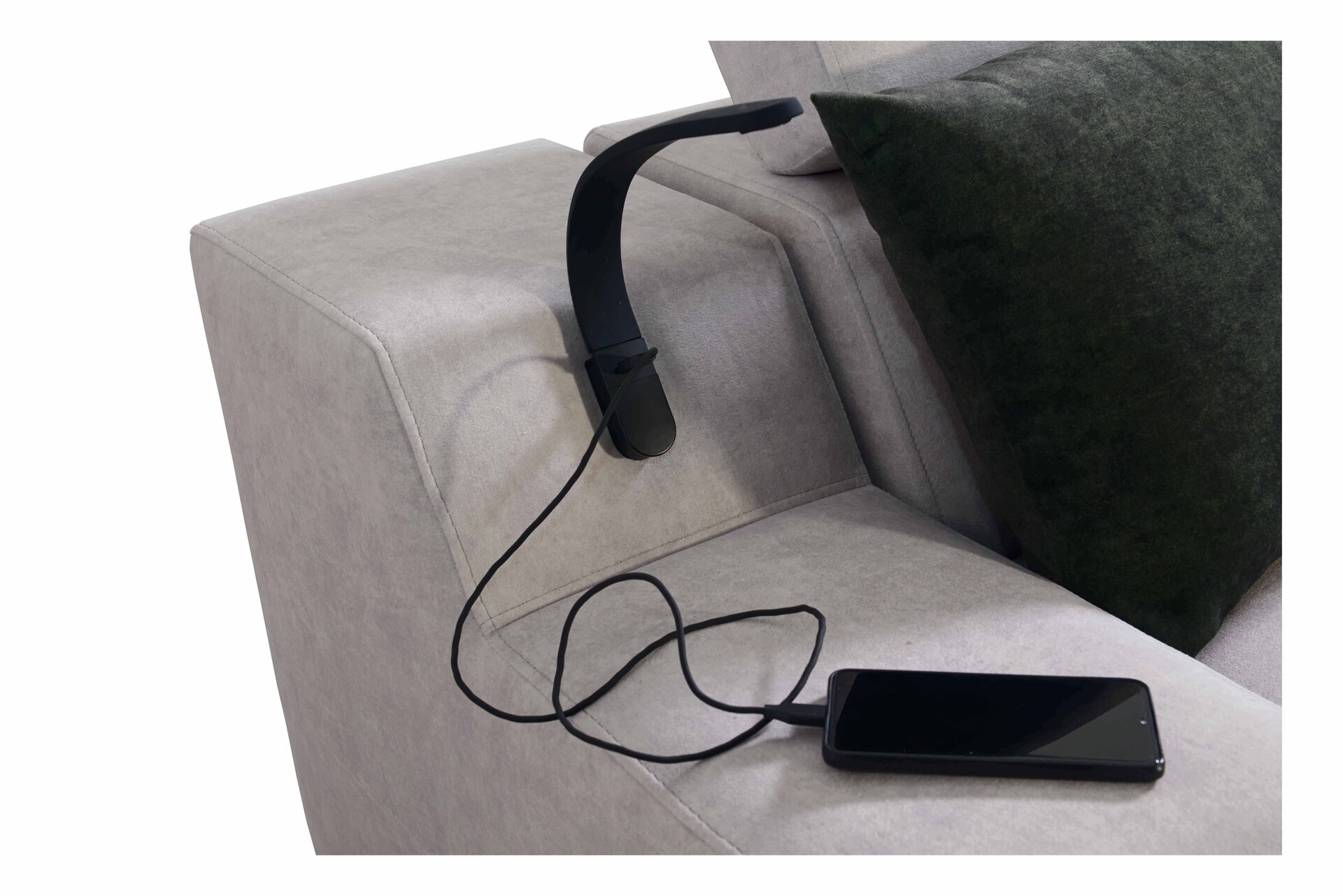 Narożnik w kształcie U Avanti VI z funkcją spania oraz lampką z portem usb tkanina Whisper 11 + Ecoskóra